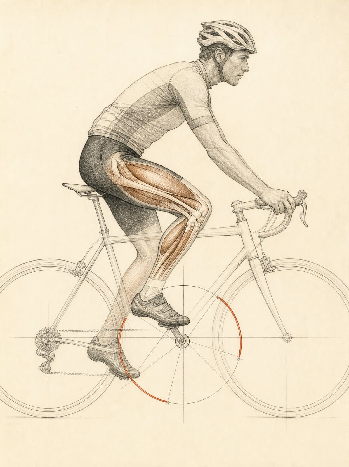 A cyclist low on the bars on a long climb, drawn in graphite