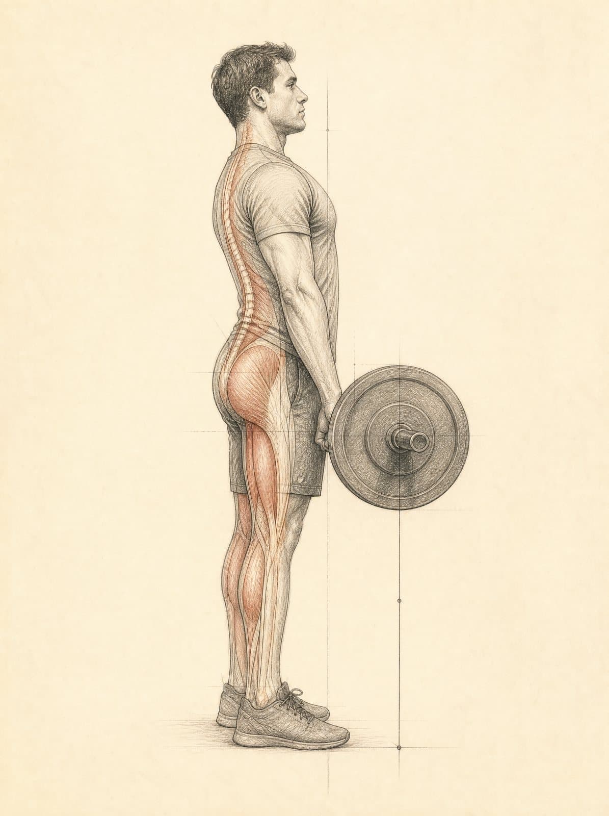 A lifter at the top of a heavy deadlift, drawn in graphite
