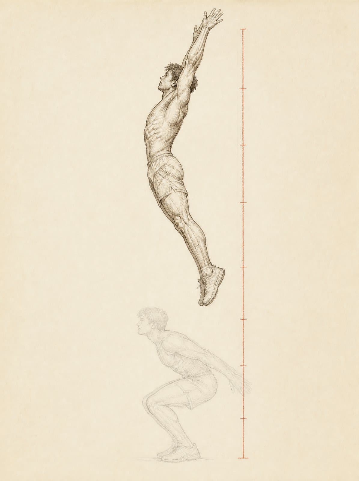 An athlete at the apex of a vertical jump, drawn in graphite