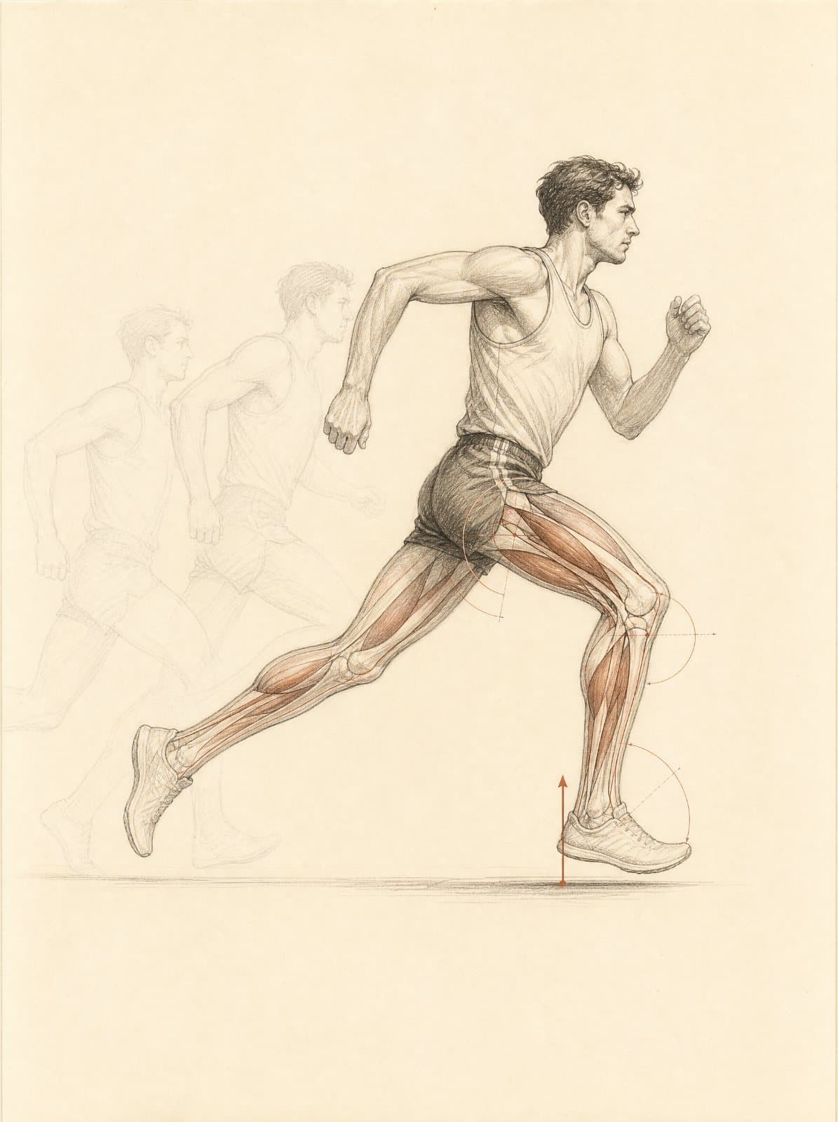 A sprinter driving out of the blocks, drawn in graphite
