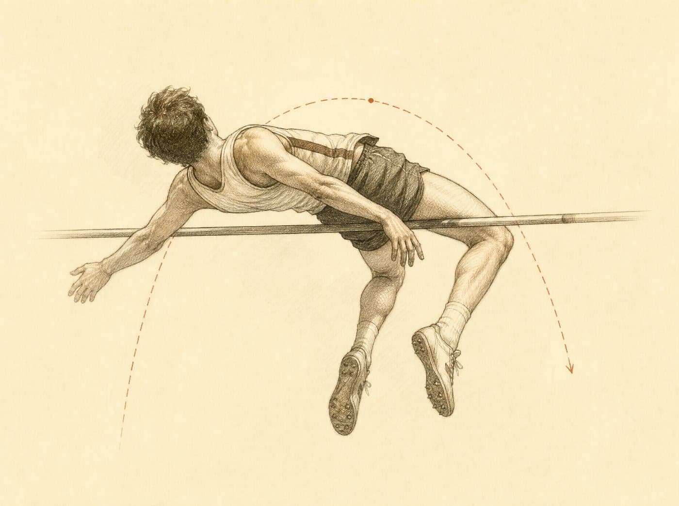 A high jumper arching over the bar, drawn in graphite