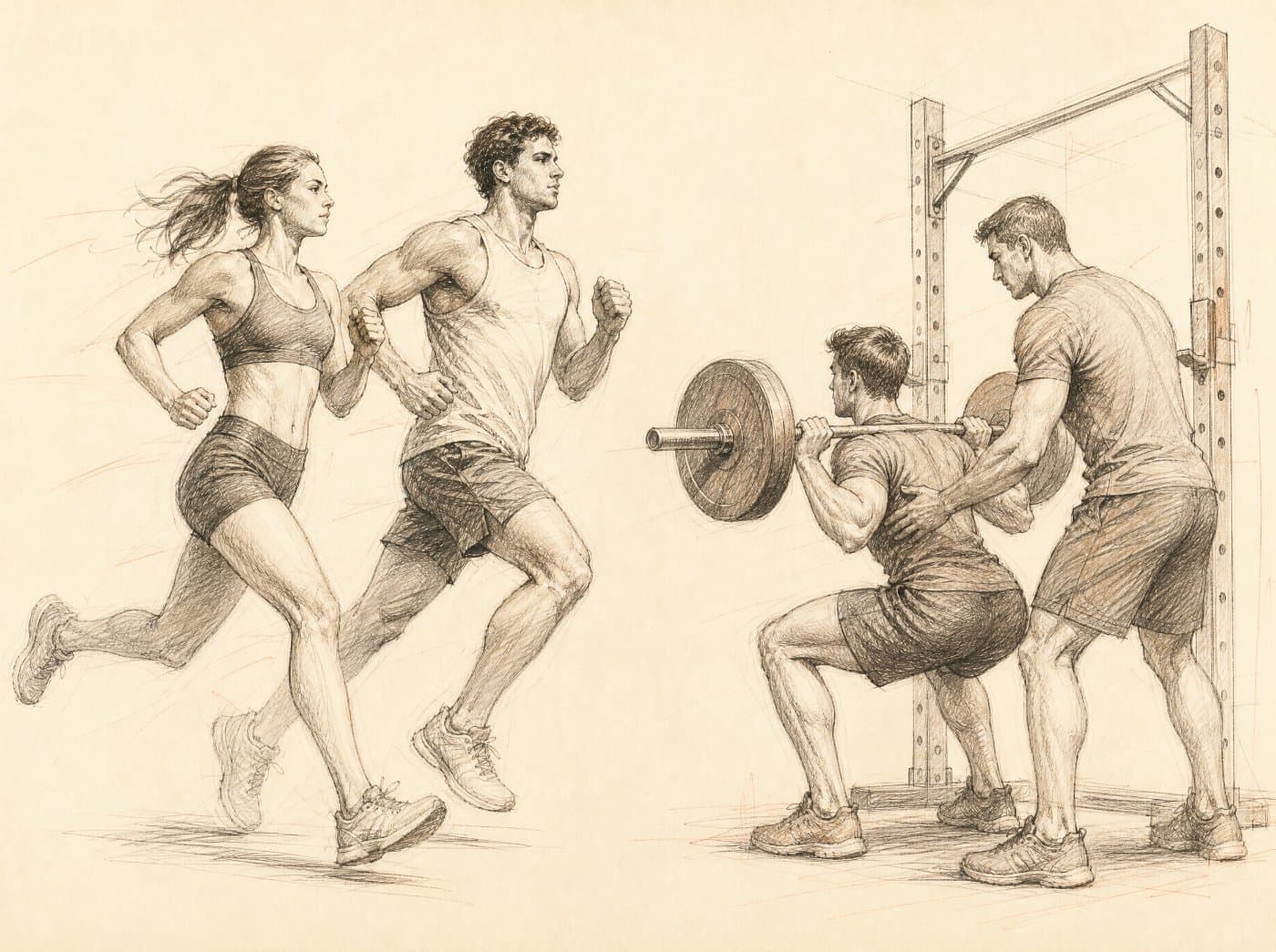 Three athletes working through the same session side by side, drawn in graphite